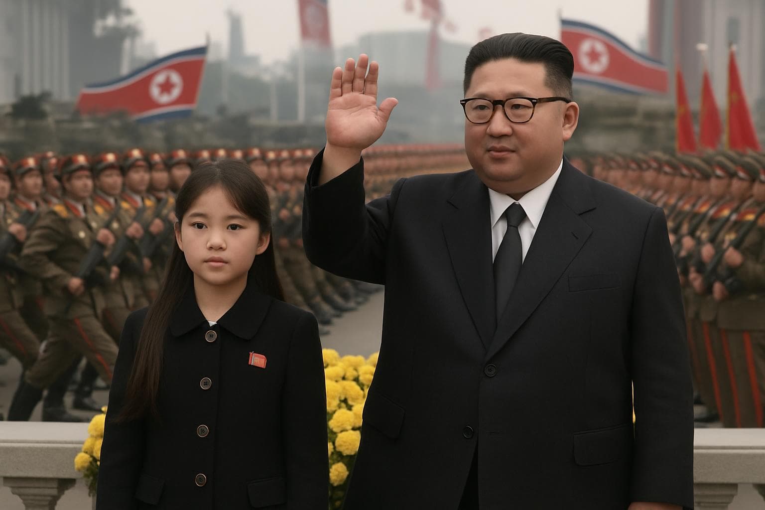 Young girl with long hair standing beside her father at a military parade