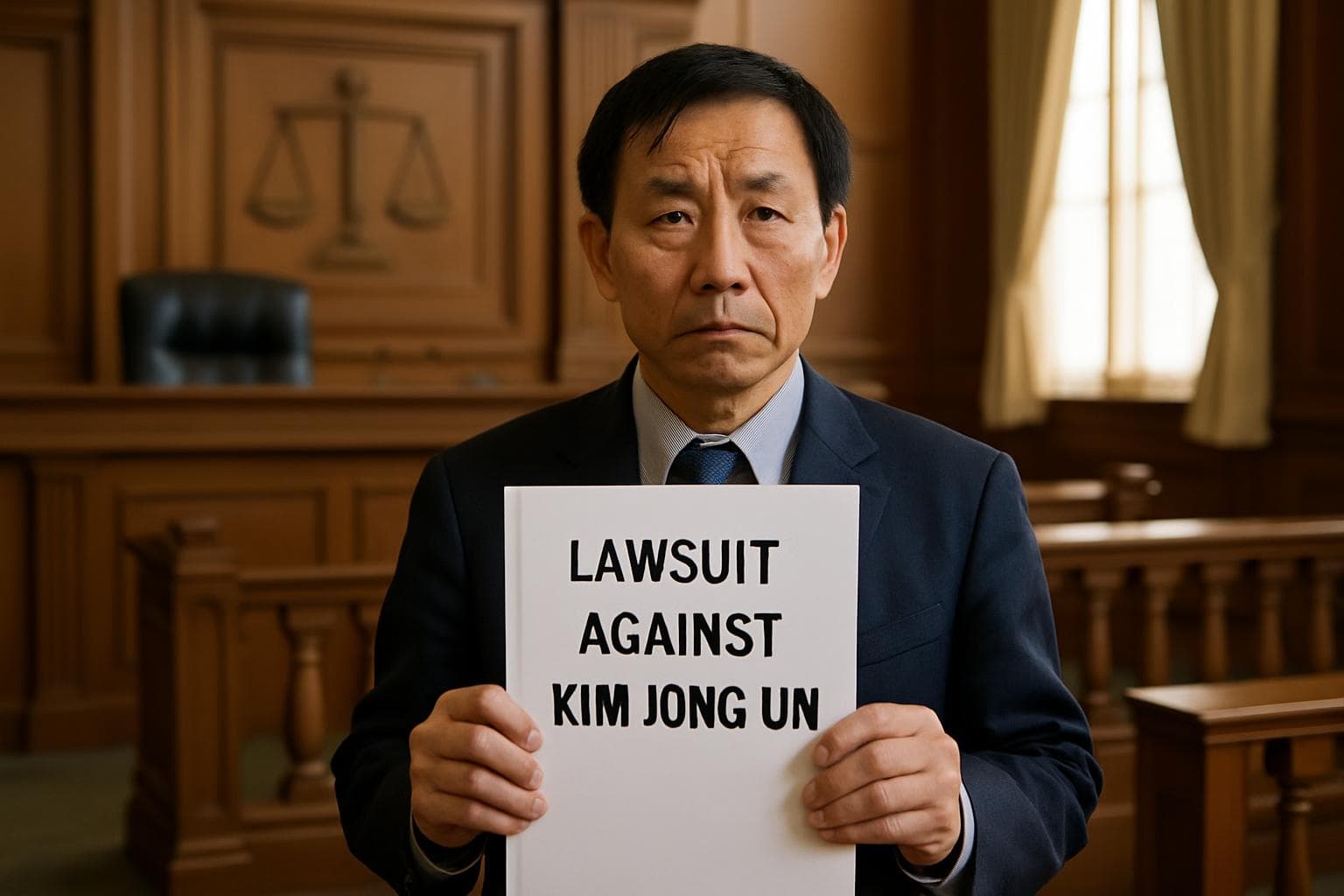 North Korean defector in courtroom holding lawsuit