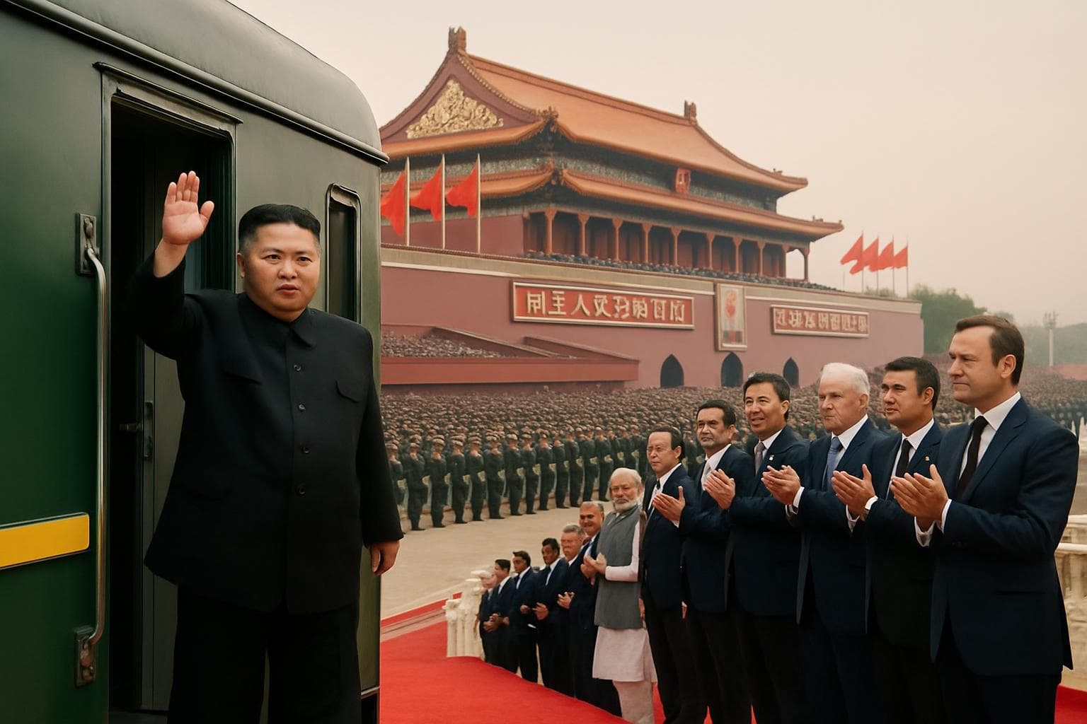 North Korean leader on a green train at Tiananmen Square parade