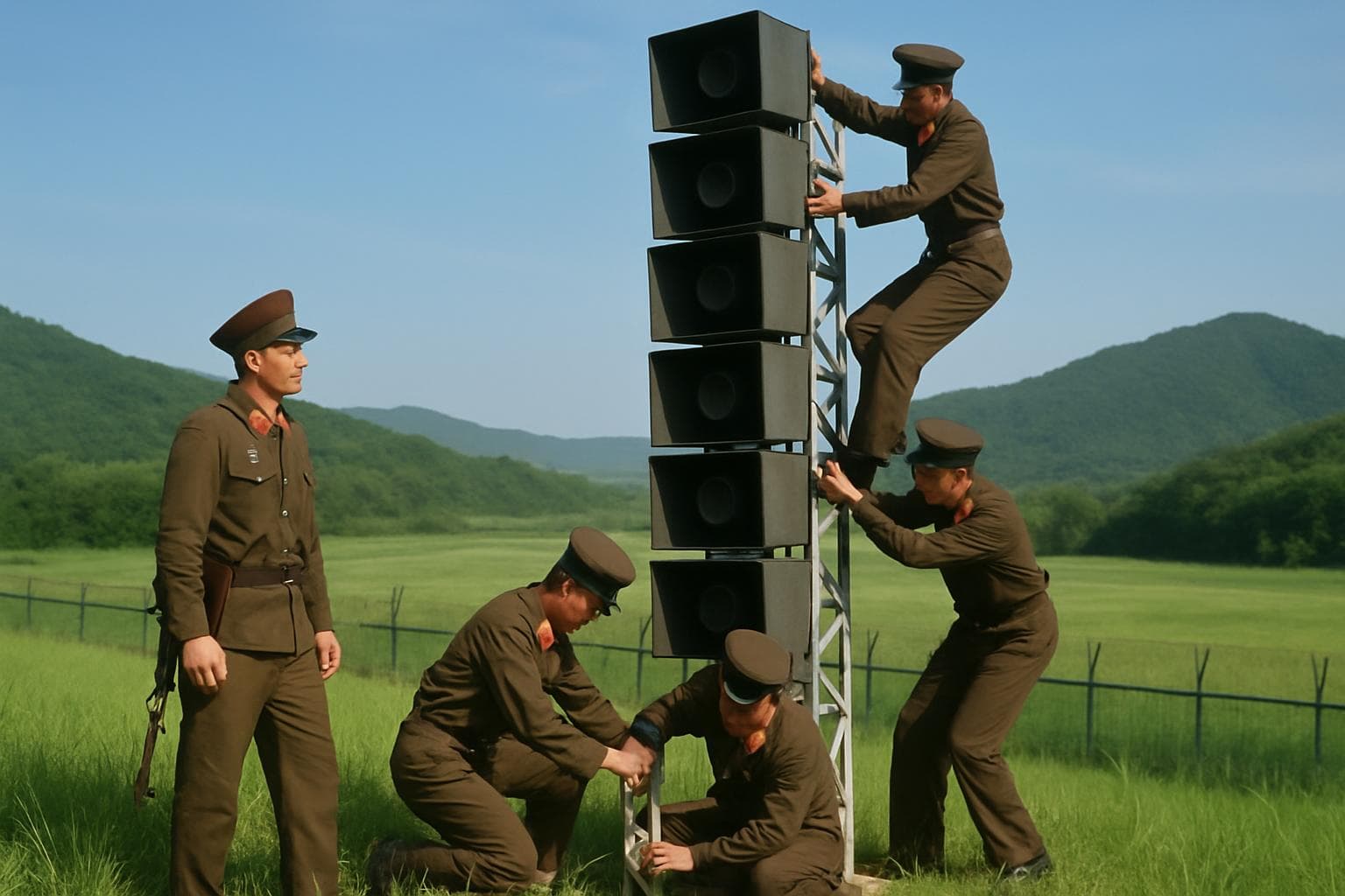 North Korean soldiers dismantling loudspeakers at the South Korean border