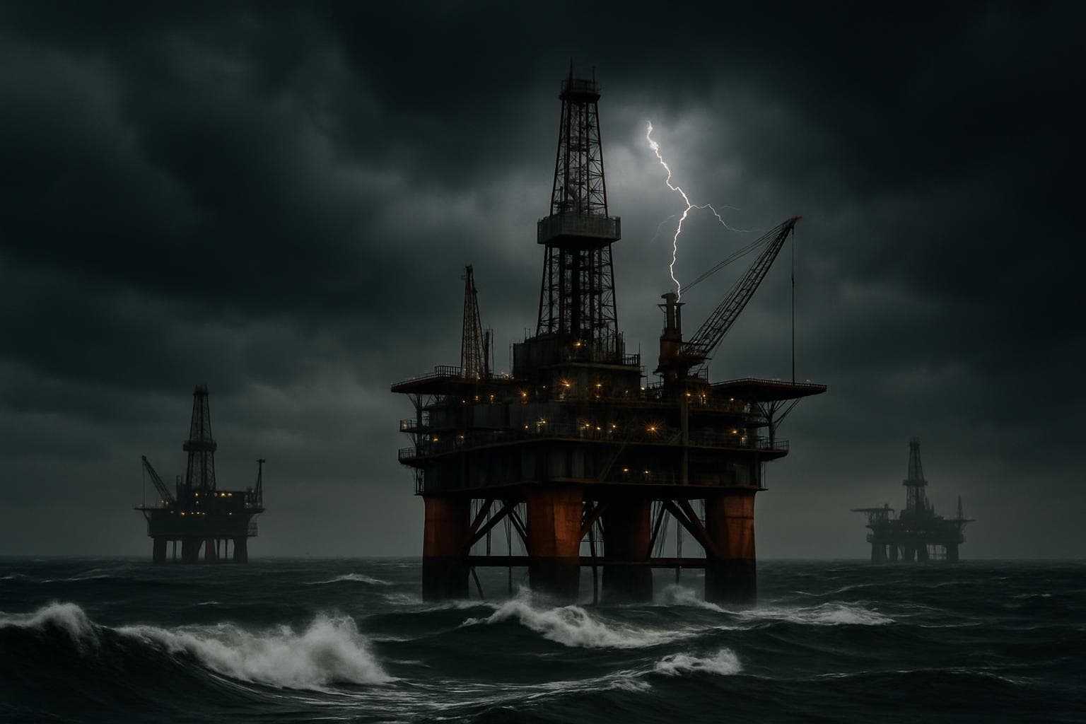 Oil rigs in the North Sea under stormy skies