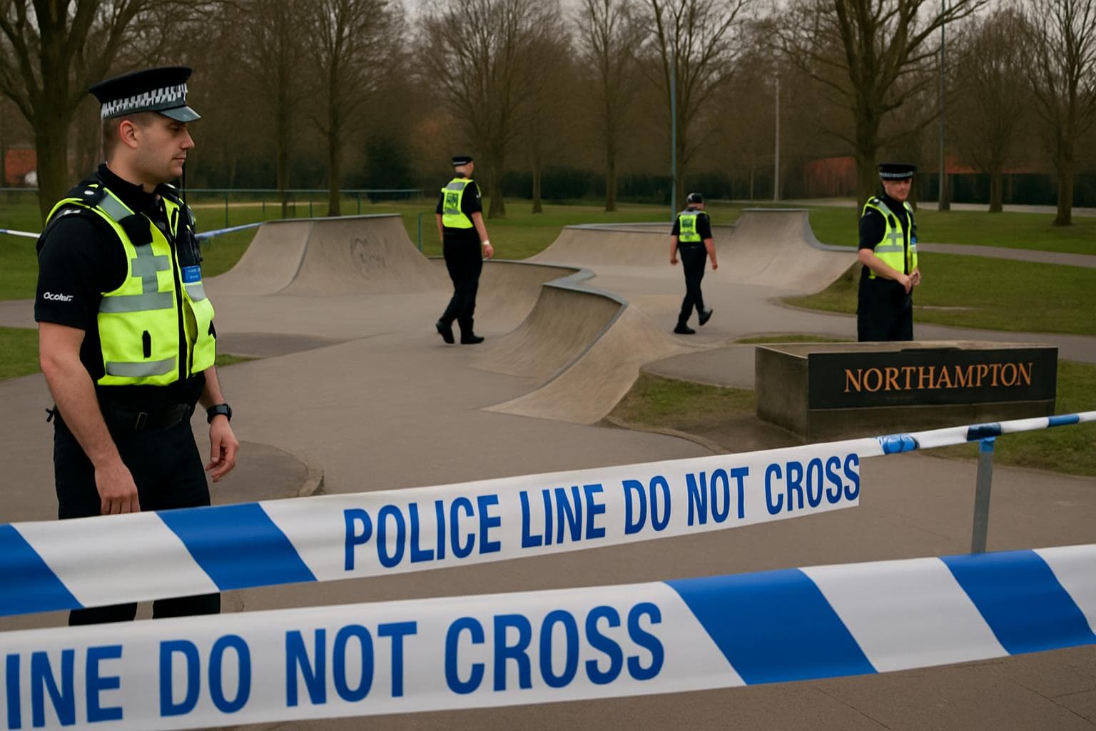Police officers patrolling a cordoned-off skate park