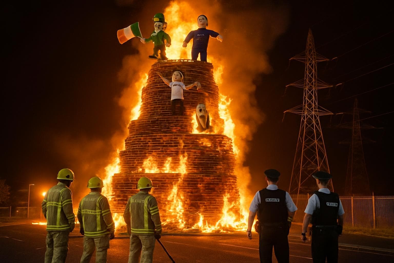 Large bonfire at night with firefighters and police nearby