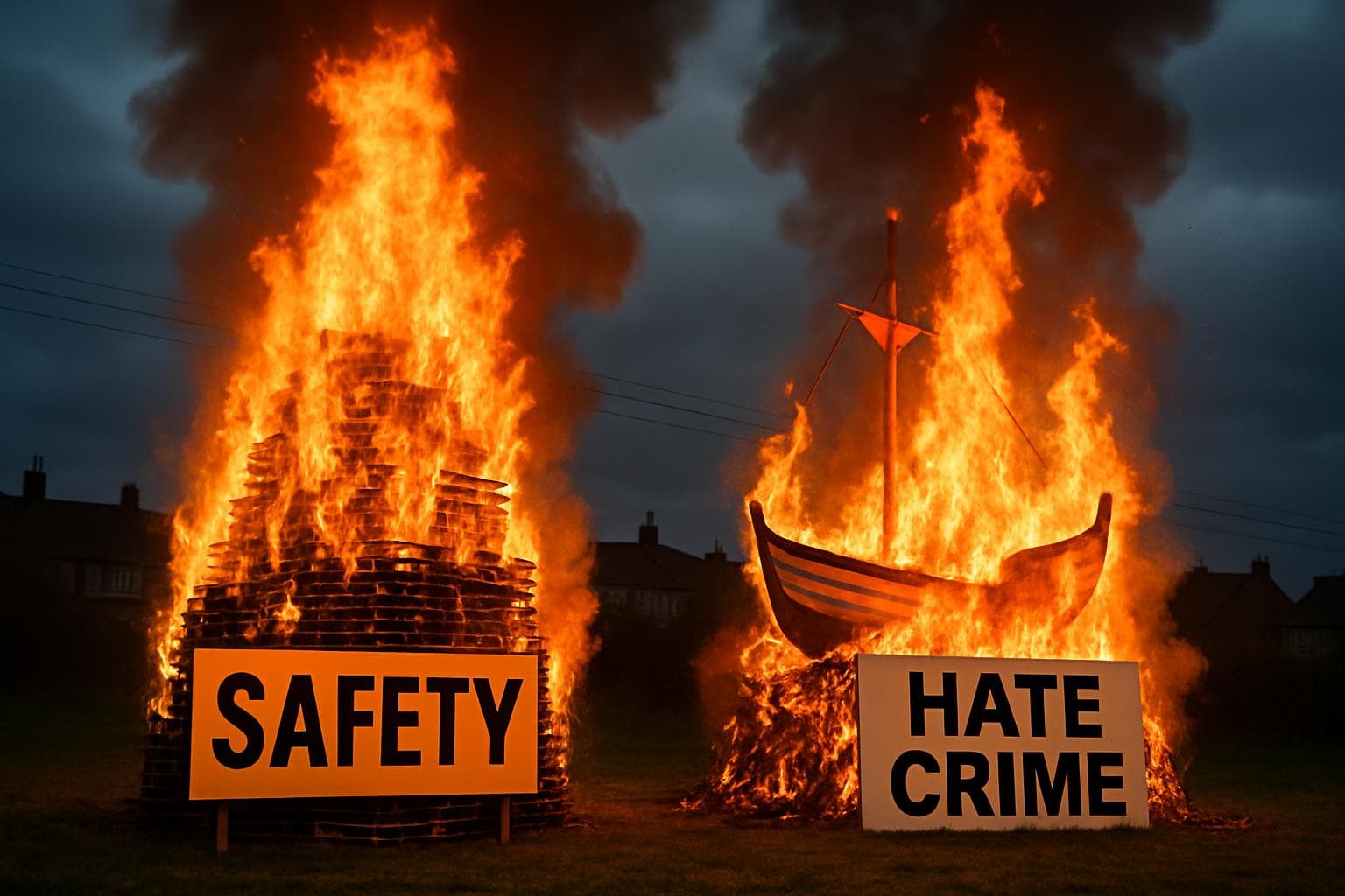 Two bonfires with a boat effigy in Northern Ireland