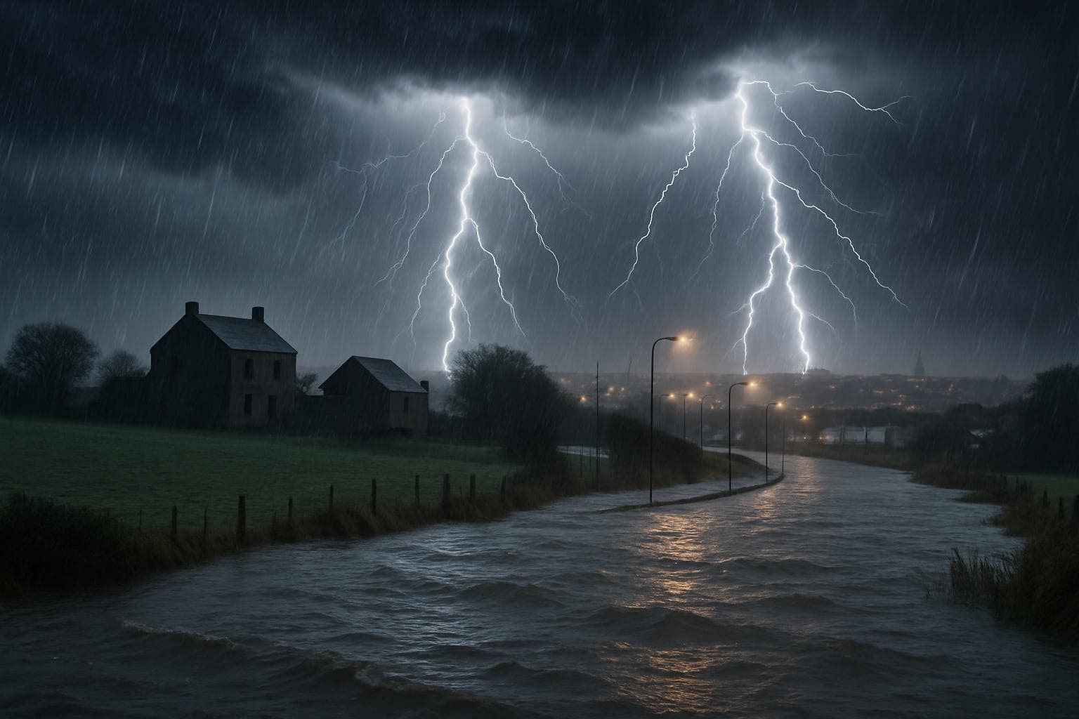 Severe storm in Northern Ireland with rain and lightning
