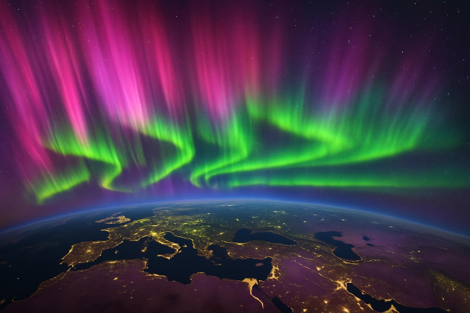 Vibrant Northern Lights over various continents