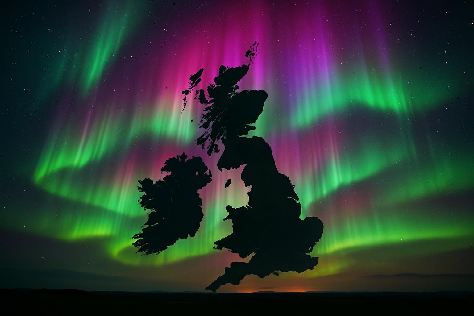 Northern Lights in green, pink, and purple over UK night sky