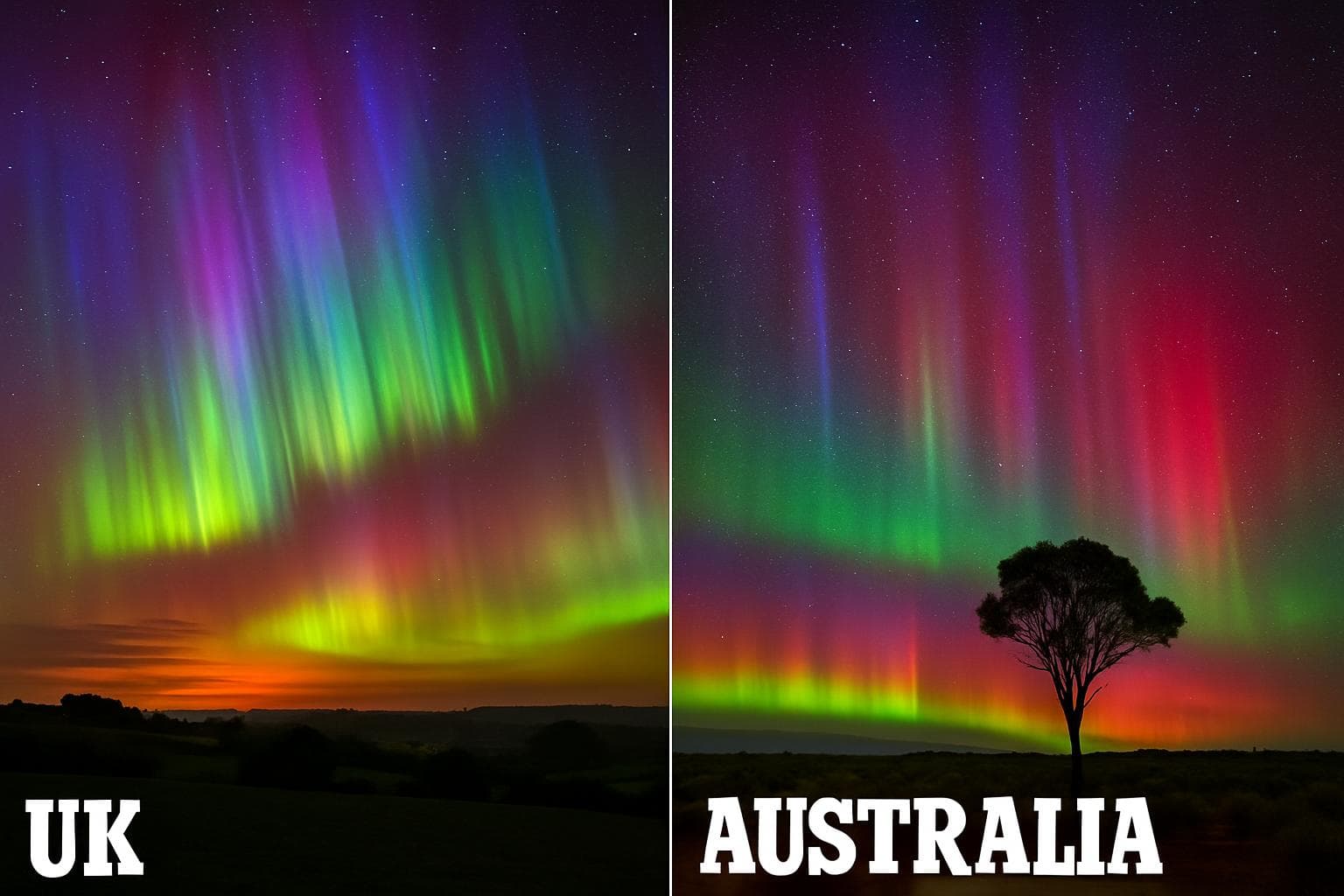 Colorful auroras in the skies over the UK and Australia