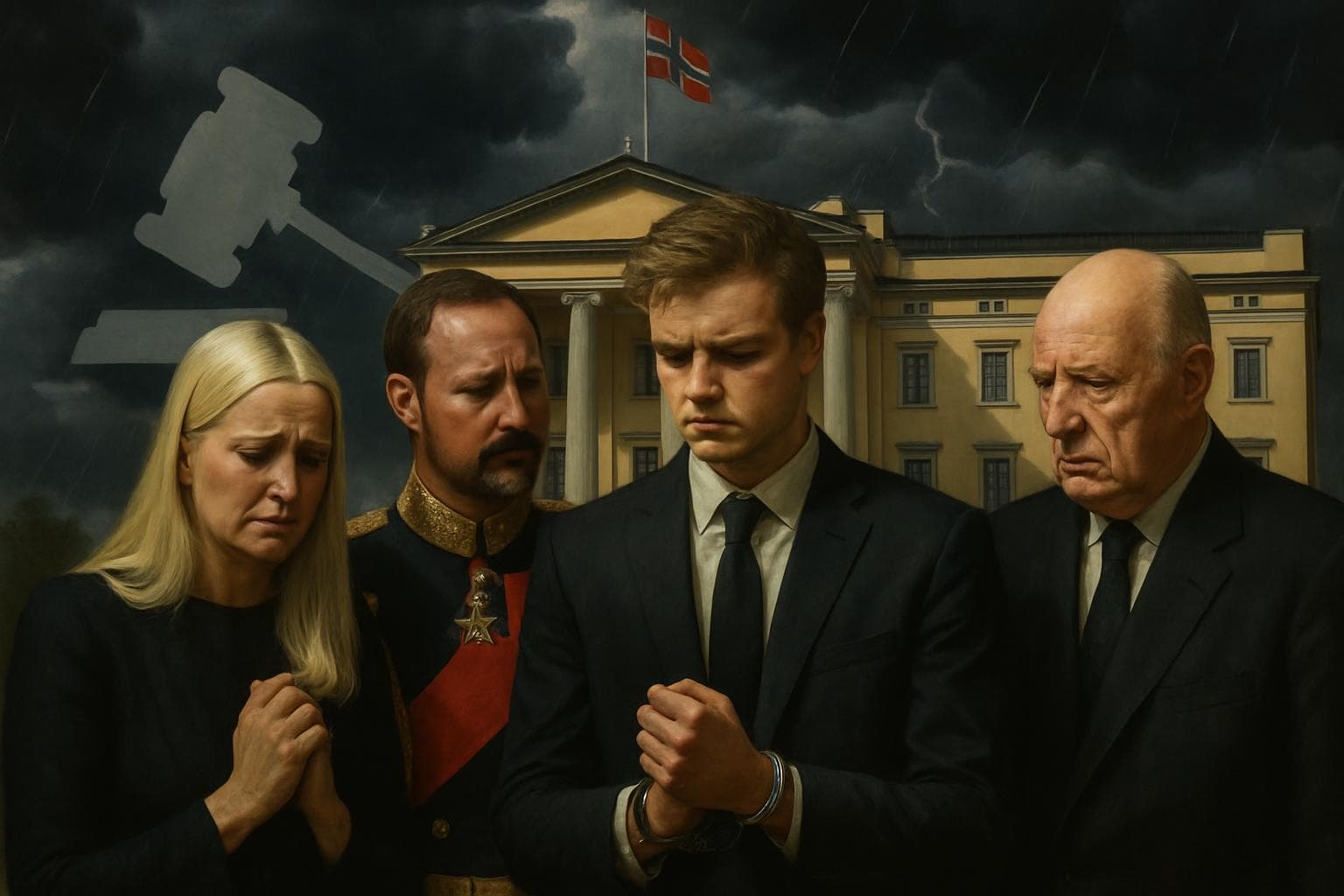 Norway's royal family with storm clouds over a castle