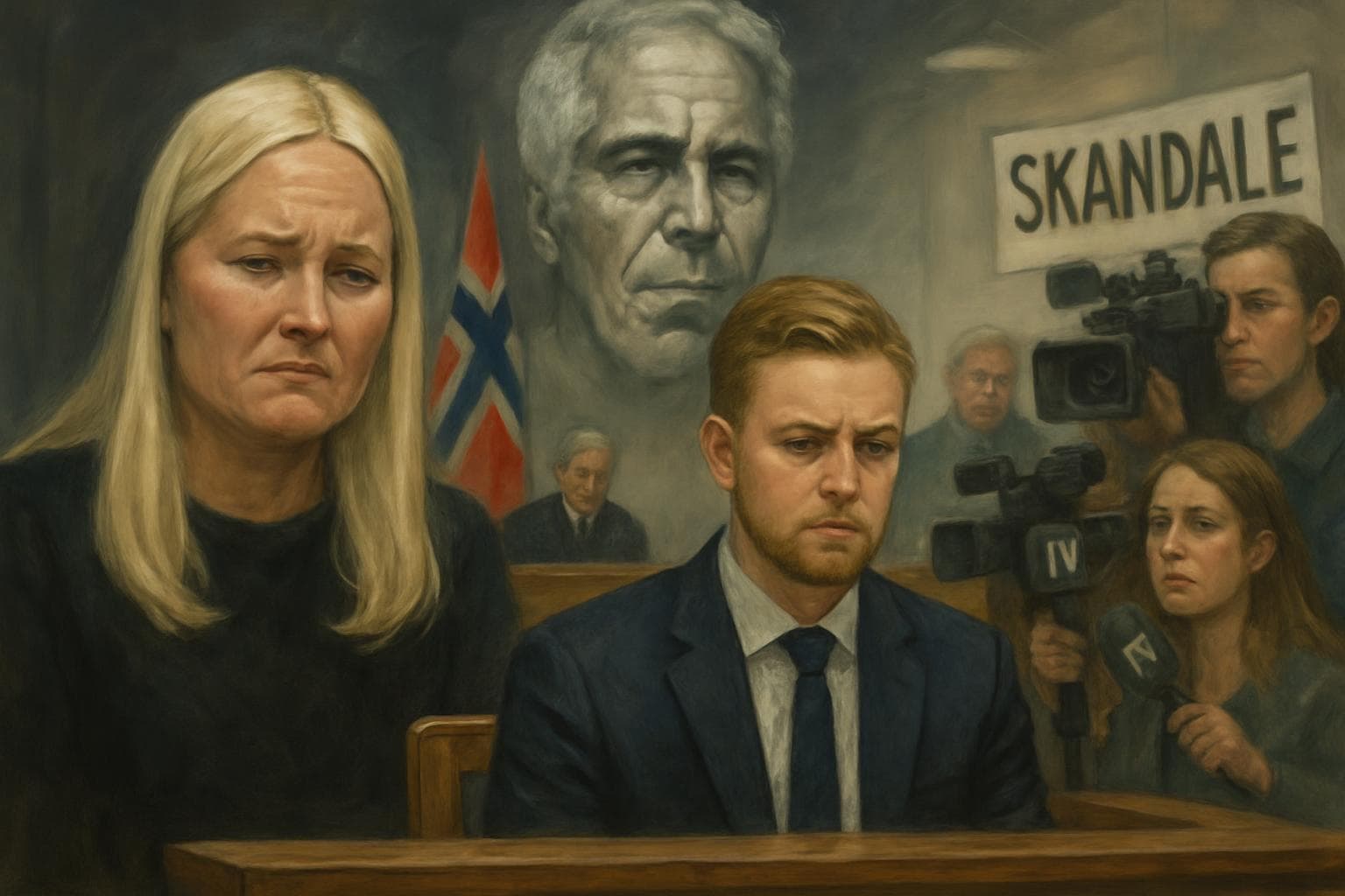 Norwegian royal family in courtroom with media cameras
