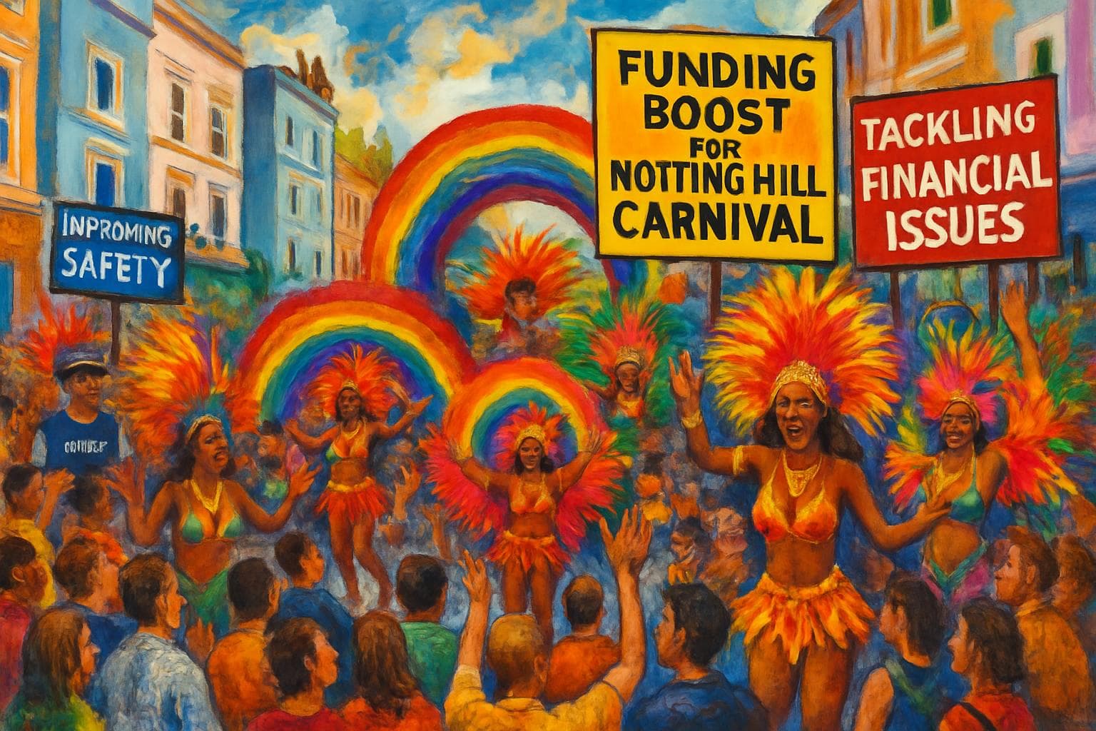 Colorful parade at Notting Hill Carnival with a large crowd