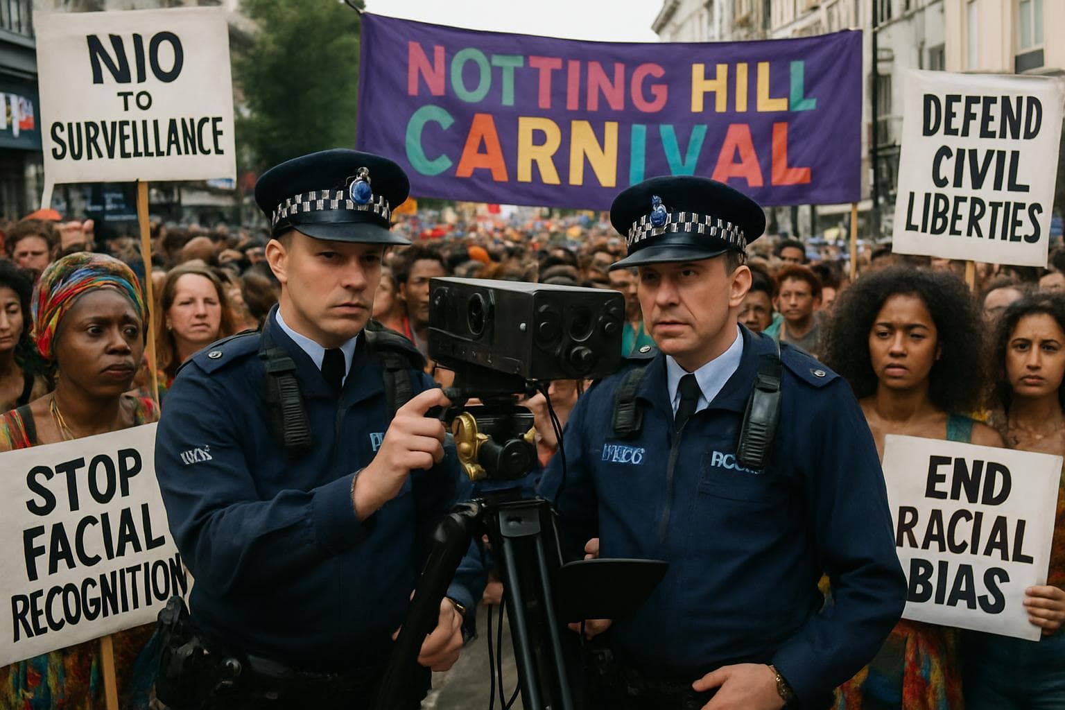 Crowd at Notting Hill Carnival with police using facial recognition