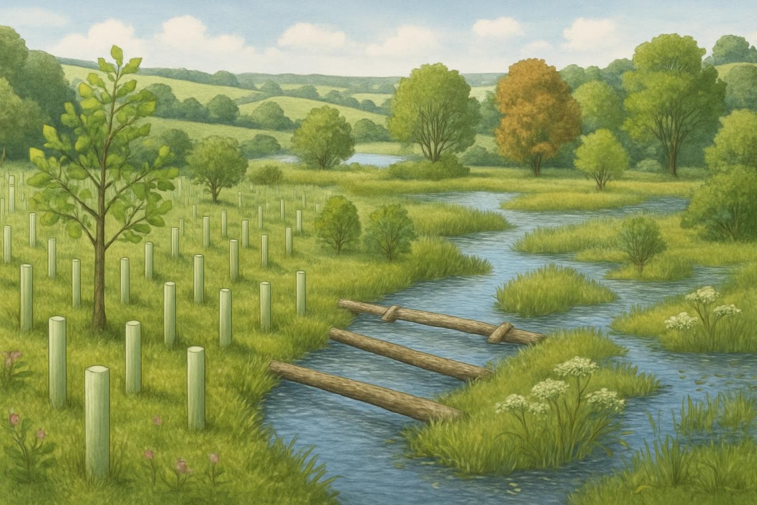 Lush landscape with trees, wetlands, and water barriers