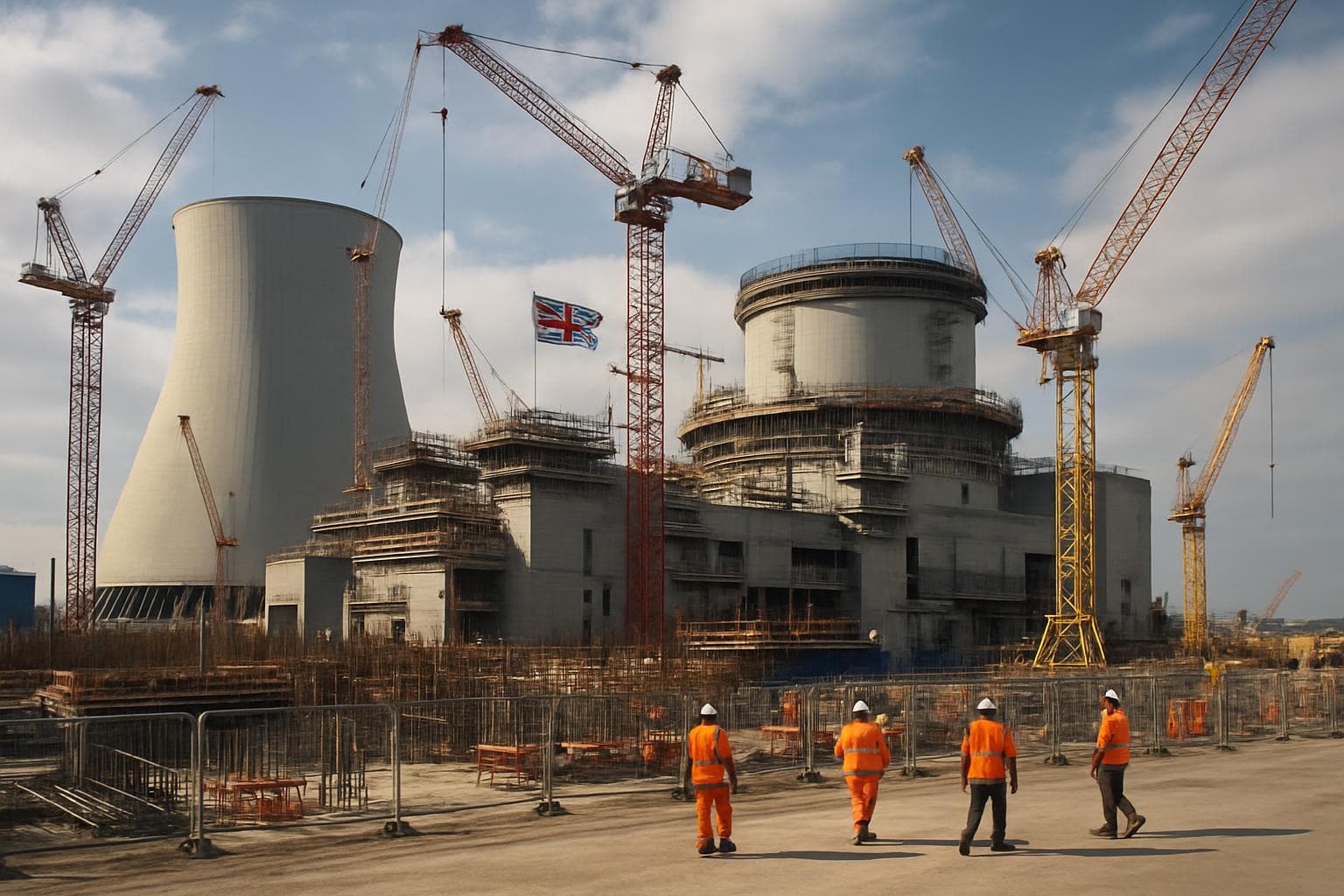 Modern nuclear power plant under construction with cranes in the UK