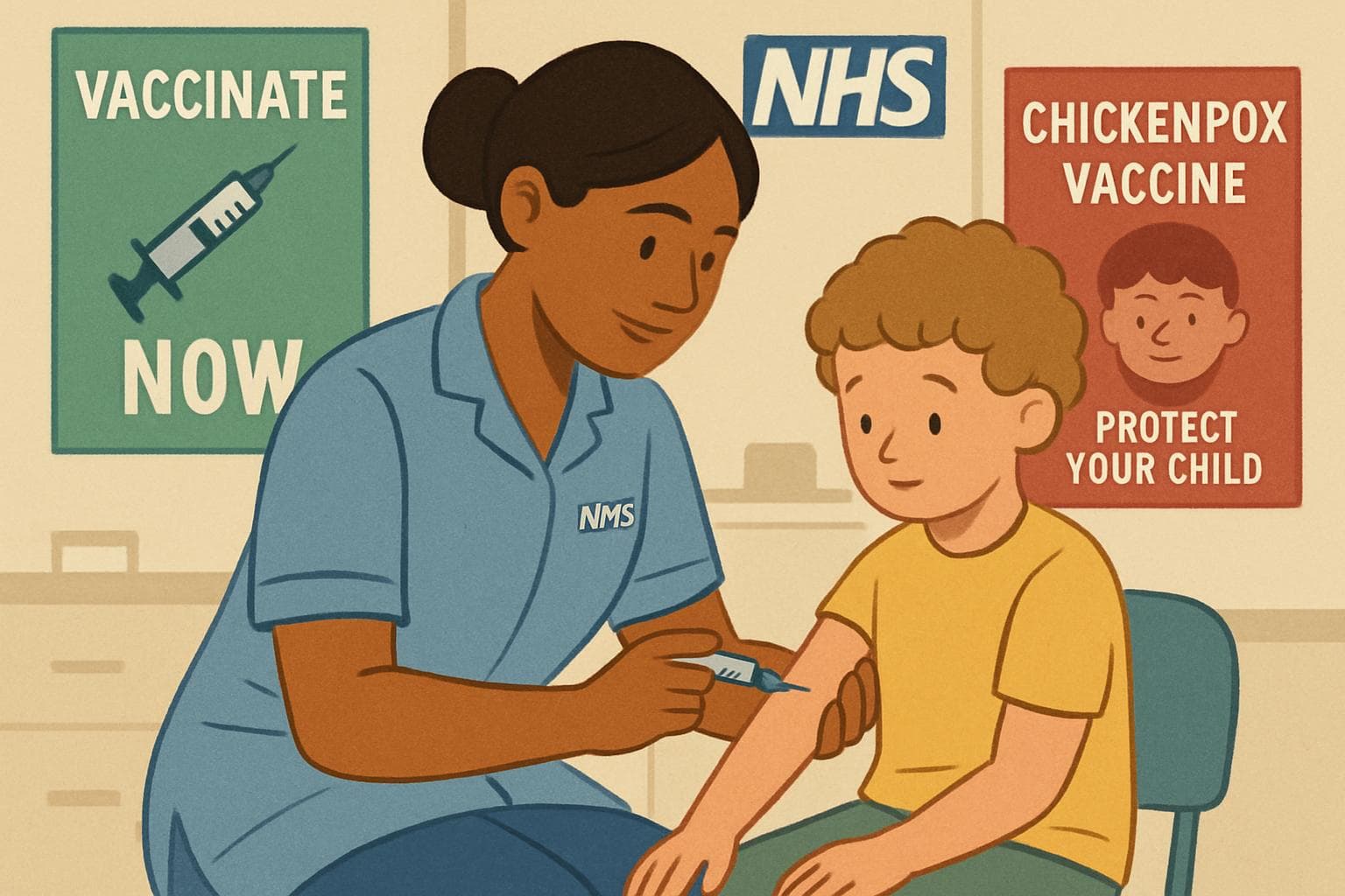 Nurse giving chickenpox vaccine to child in clinic