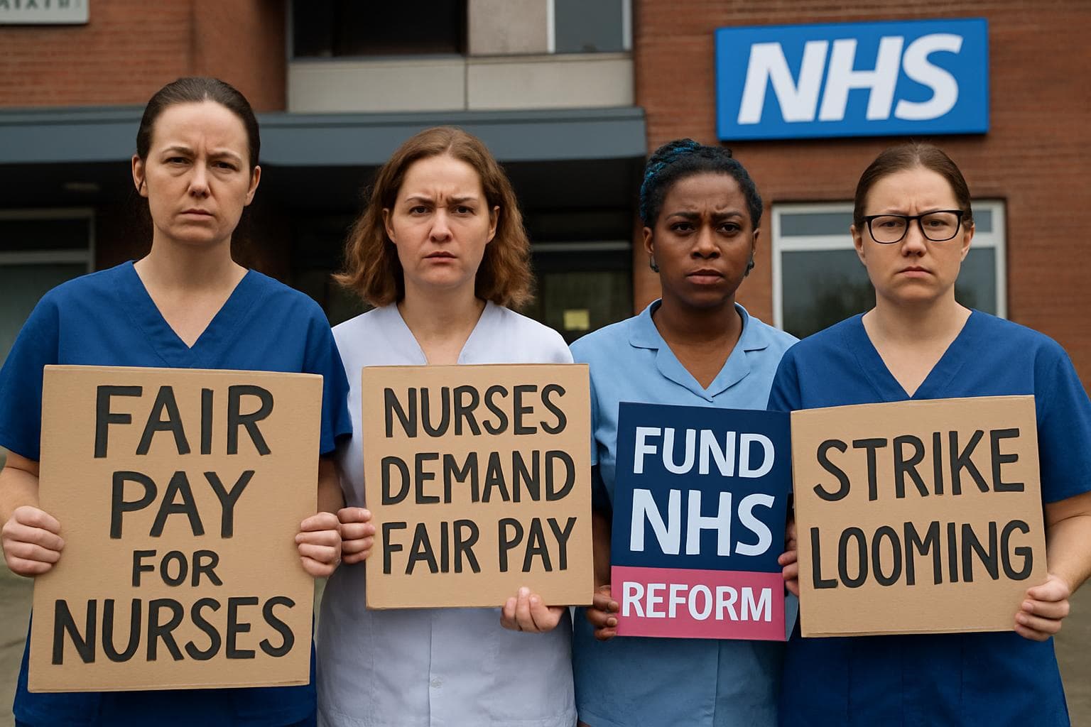 Nurses holding protest signs for fair pay outside NHS hospital