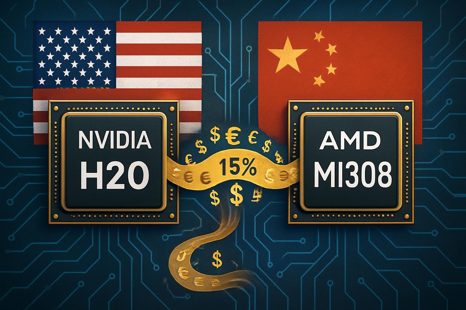 Nvidia H20 and AMD MI308 chips with US and Chinese flags