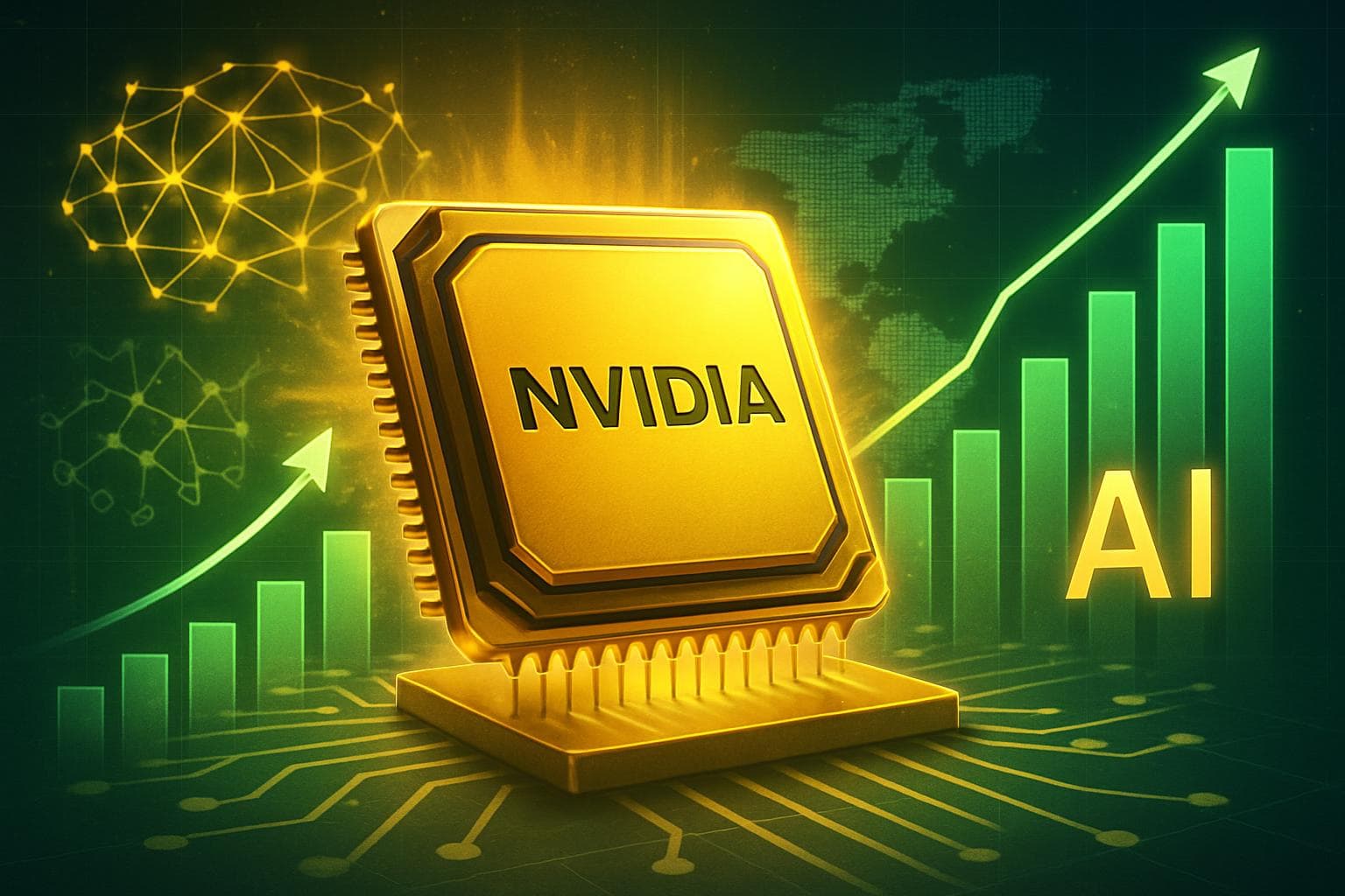 Golden Nvidia chip with rising stock charts and AI visuals