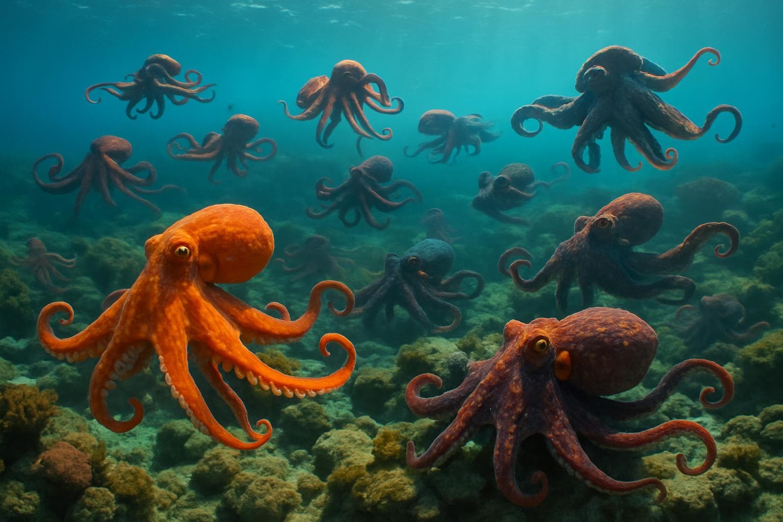 Colorful octopuses swimming along the southwest coast of England