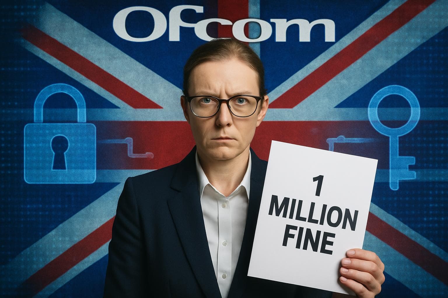 Ofcom official with UK flag and document stating '1 Million Fine'.