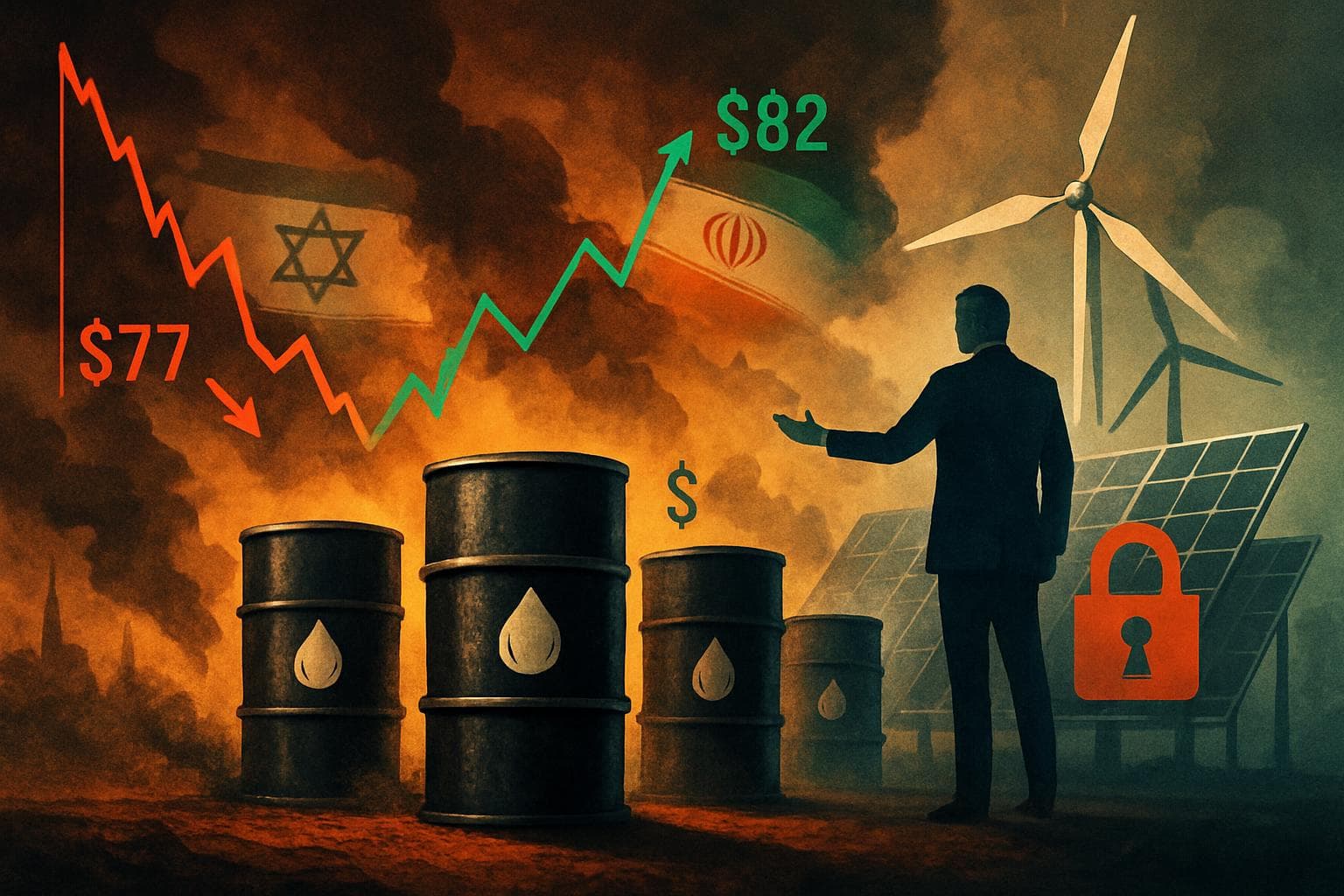 Oil barrels with fluctuating prices symbolizing Israel-Iran conflict