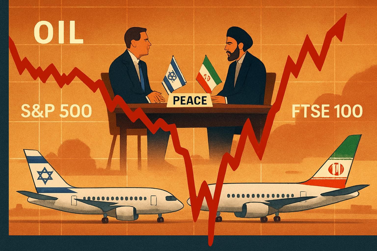 Oil market graph with Israel and Iran peace negotiation table