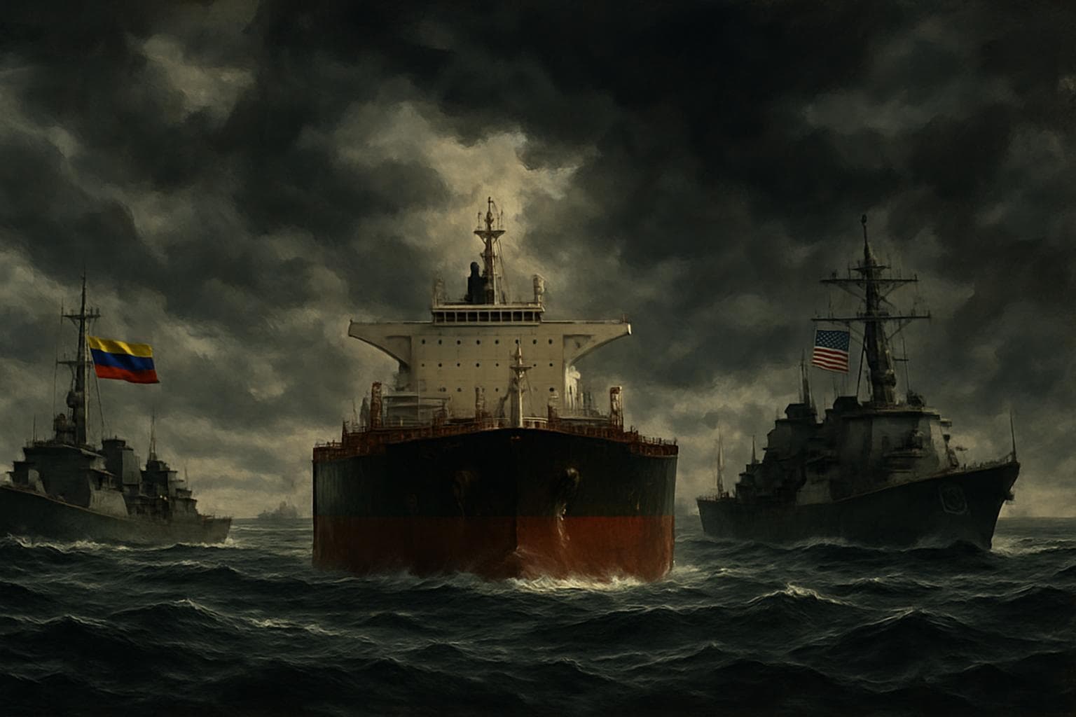 Oil tanker surrounded by naval ships under a stormy sky