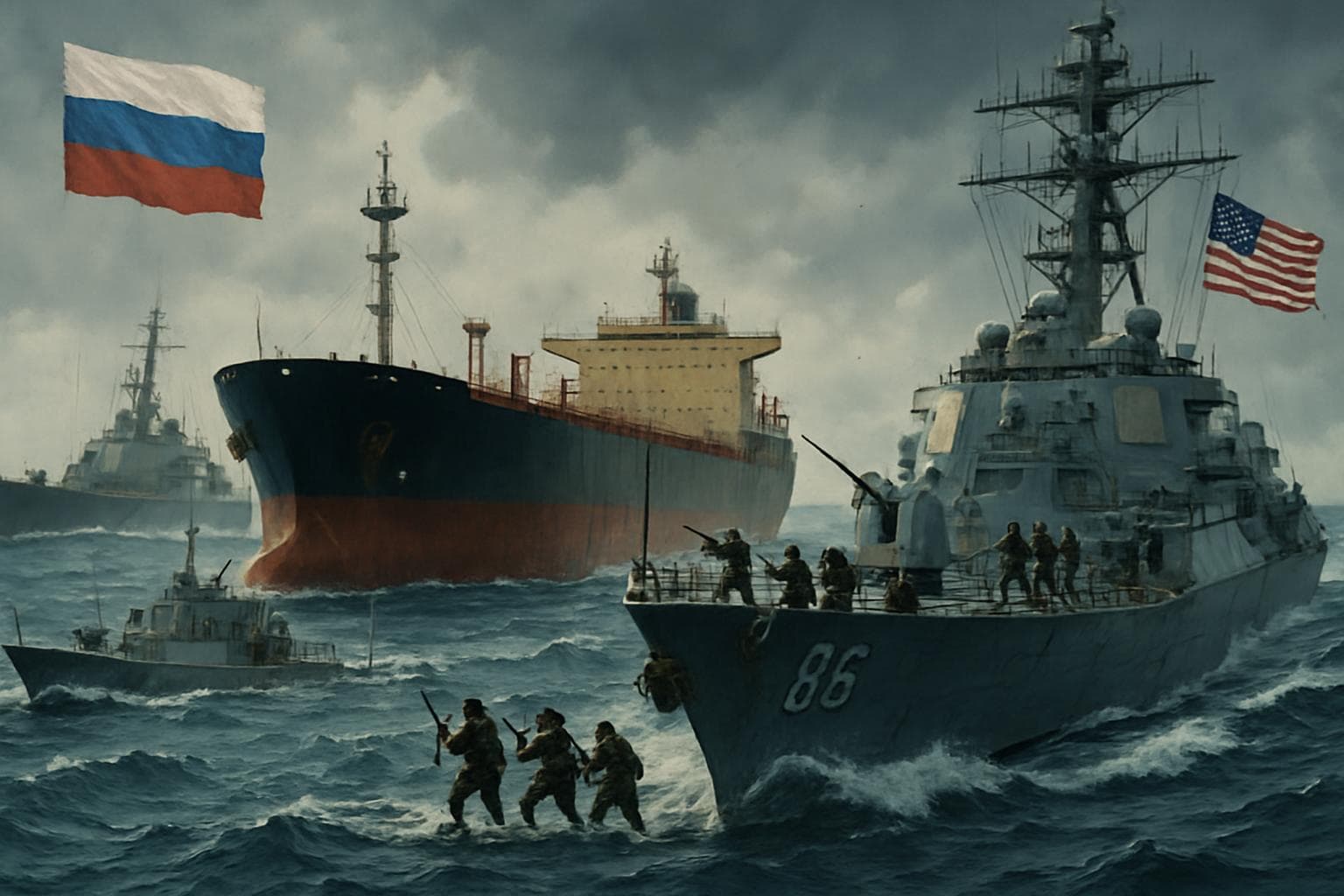 Military ships seizing oil tankers with US and Russian flags
