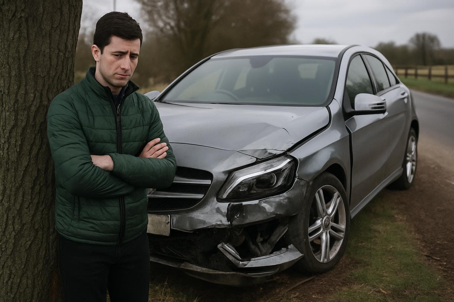 Oisin Murphy stands by his crashed Mercedes A-Class near a tree.
