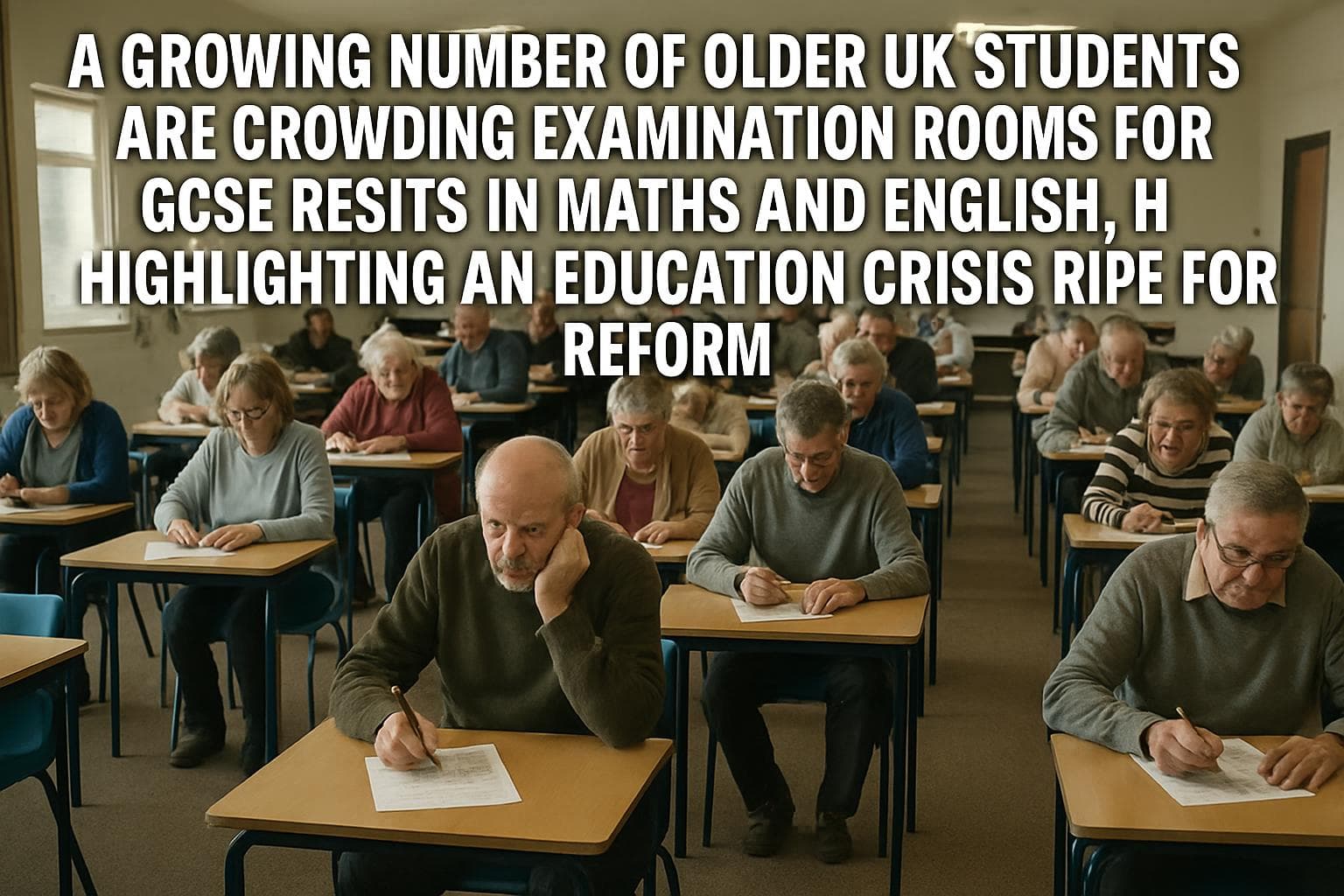 Older UK students in examination room for GCSE resits