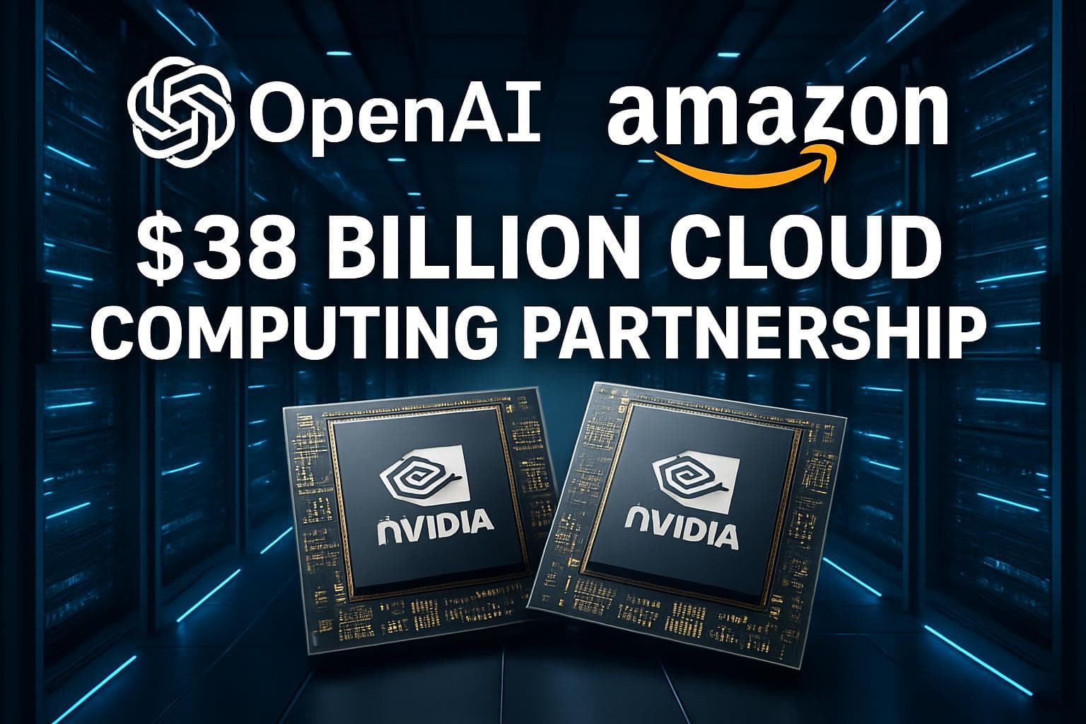 OpenAI and Amazon logos with Nvidia chips in data center