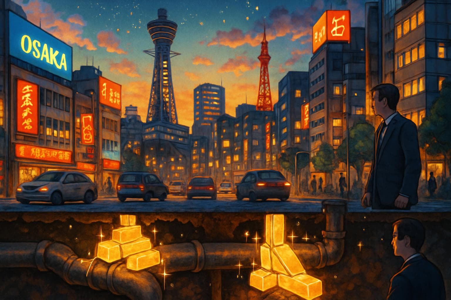 Osaka cityscape with gold bars reinforcing water pipes