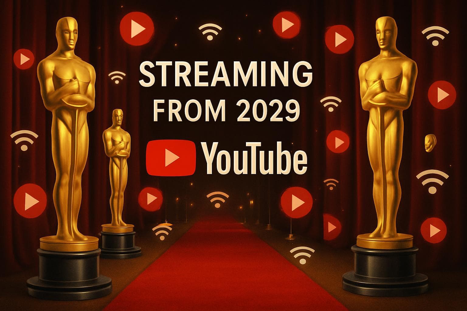 Oscar statues with YouTube logo and streaming symbols
