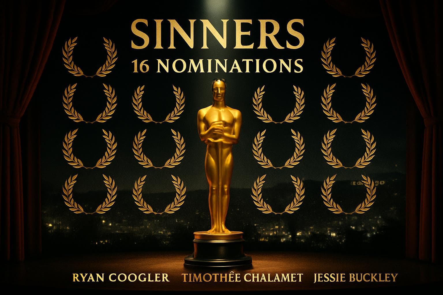 Oscar statue with laurel wreaths on stage with spotlight