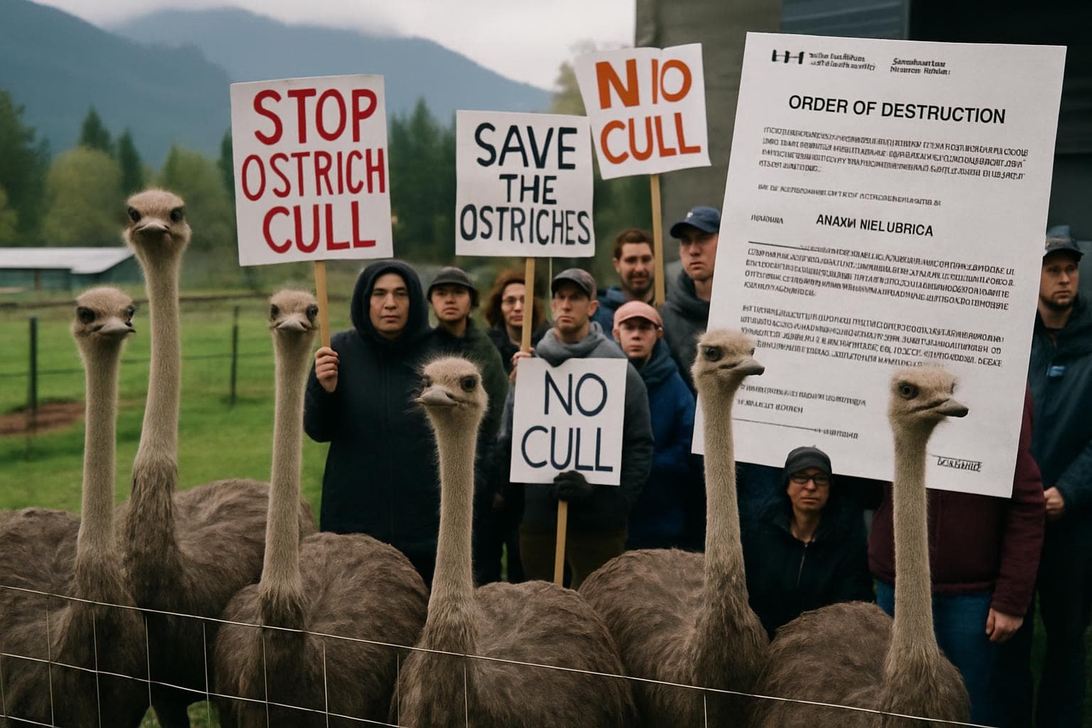 Ostriches on a farm with protestors and documents in background