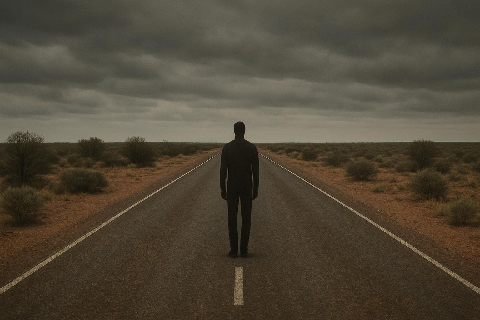 Remote highway in outback landscape under a somber sky