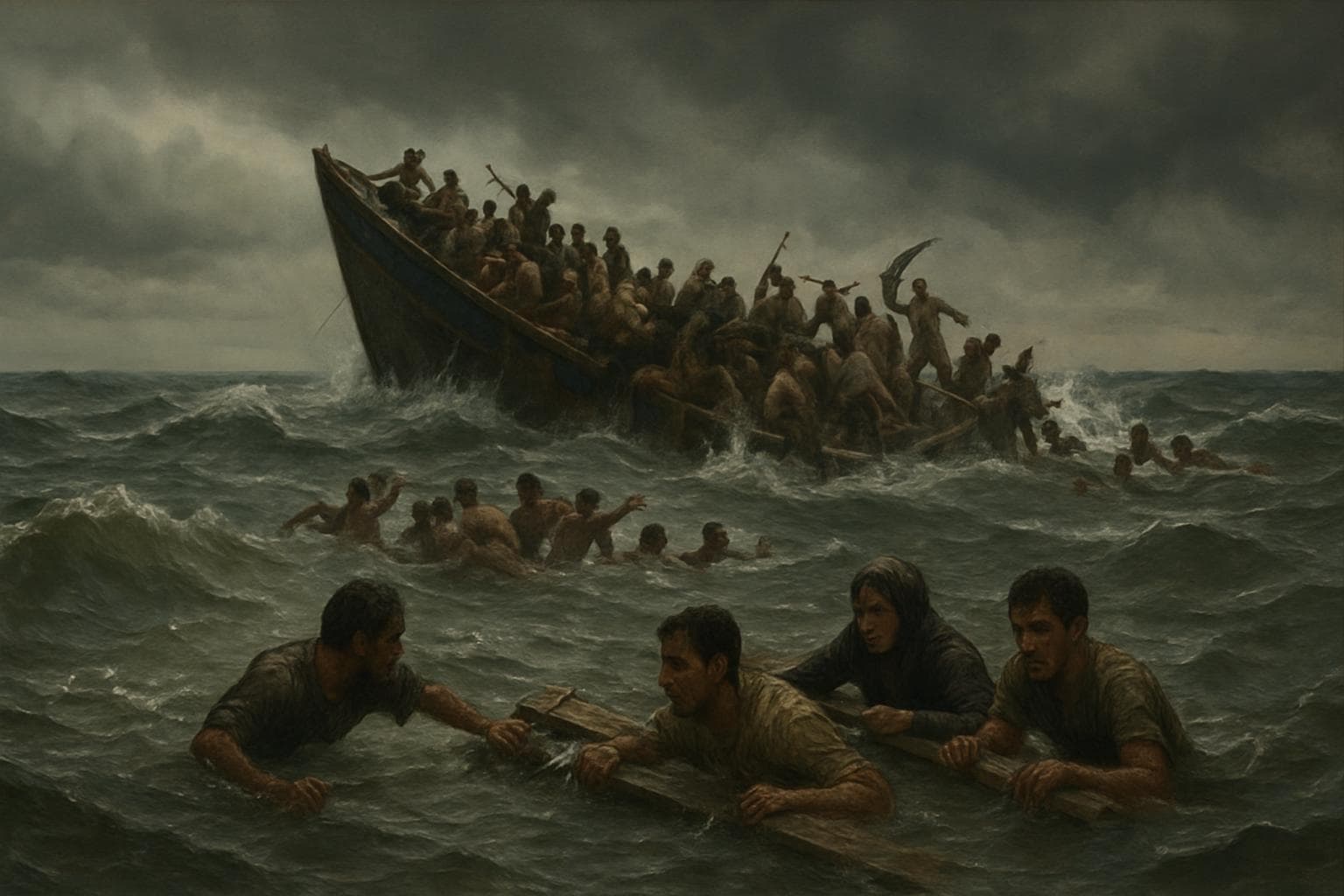 Overcrowded boat capsizing near Yemen with survivors clinging to wreckage.