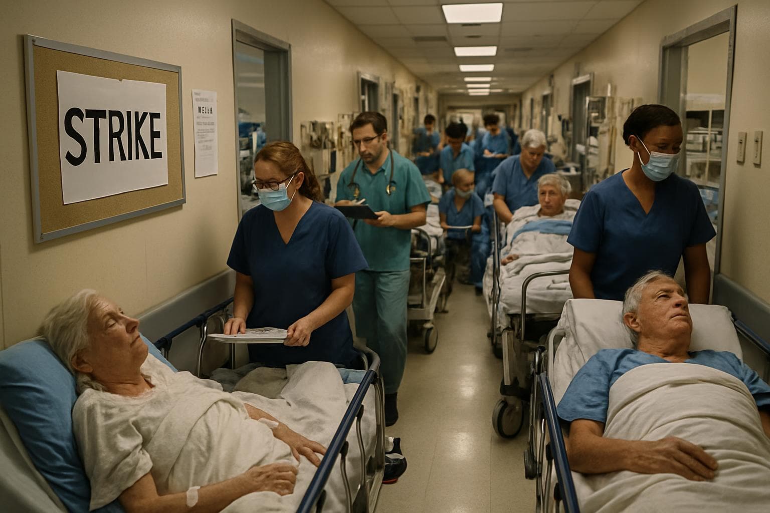 Overcrowded hospital emergency department with patients in corridors