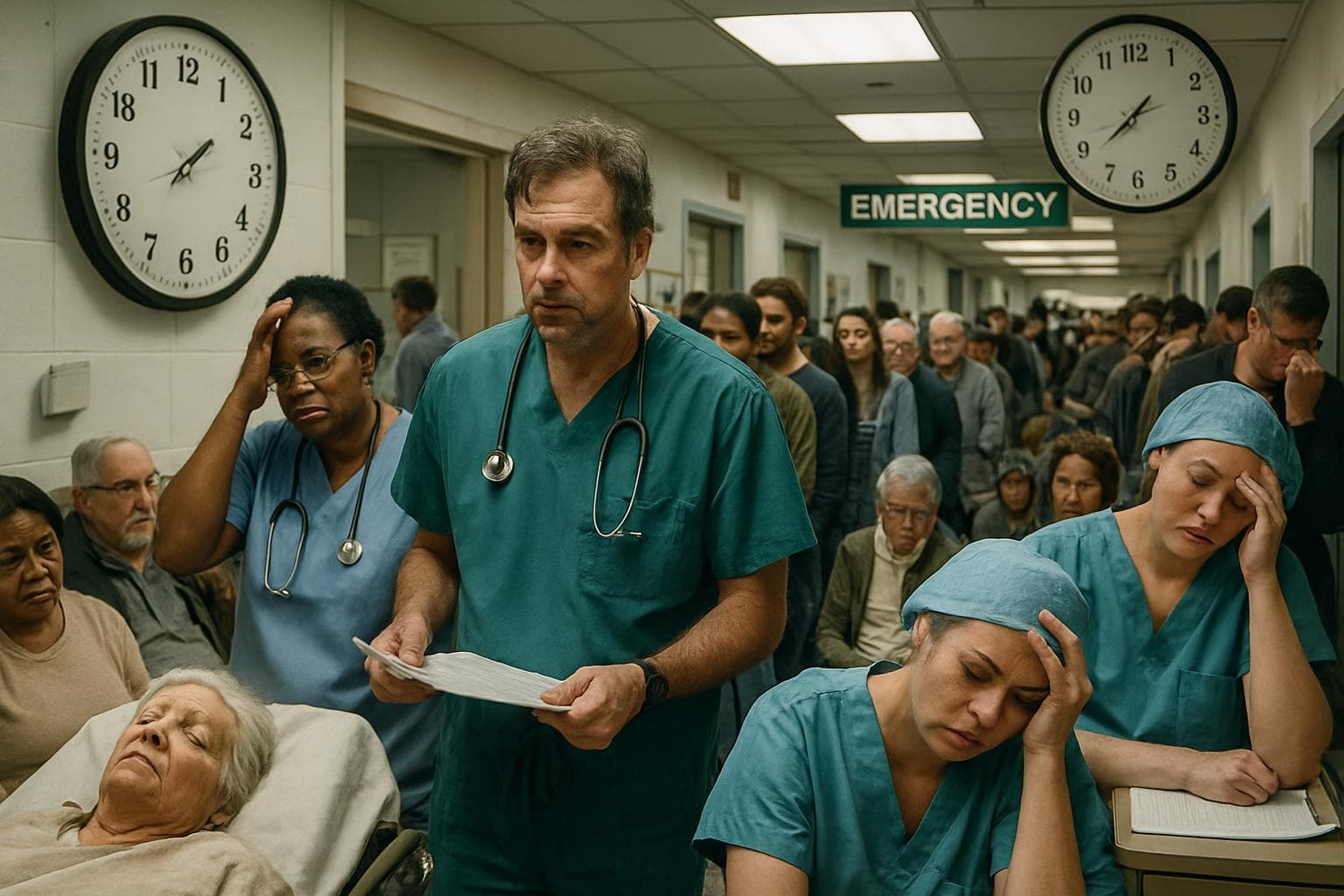 Overcrowded hospital emergency department with long patient queues