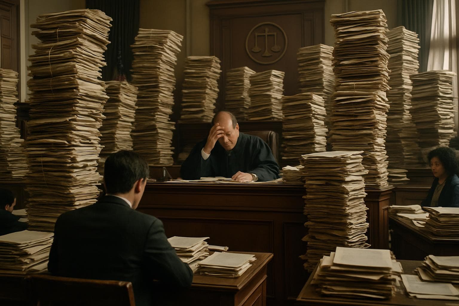 Courtroom with towering stacks of case files