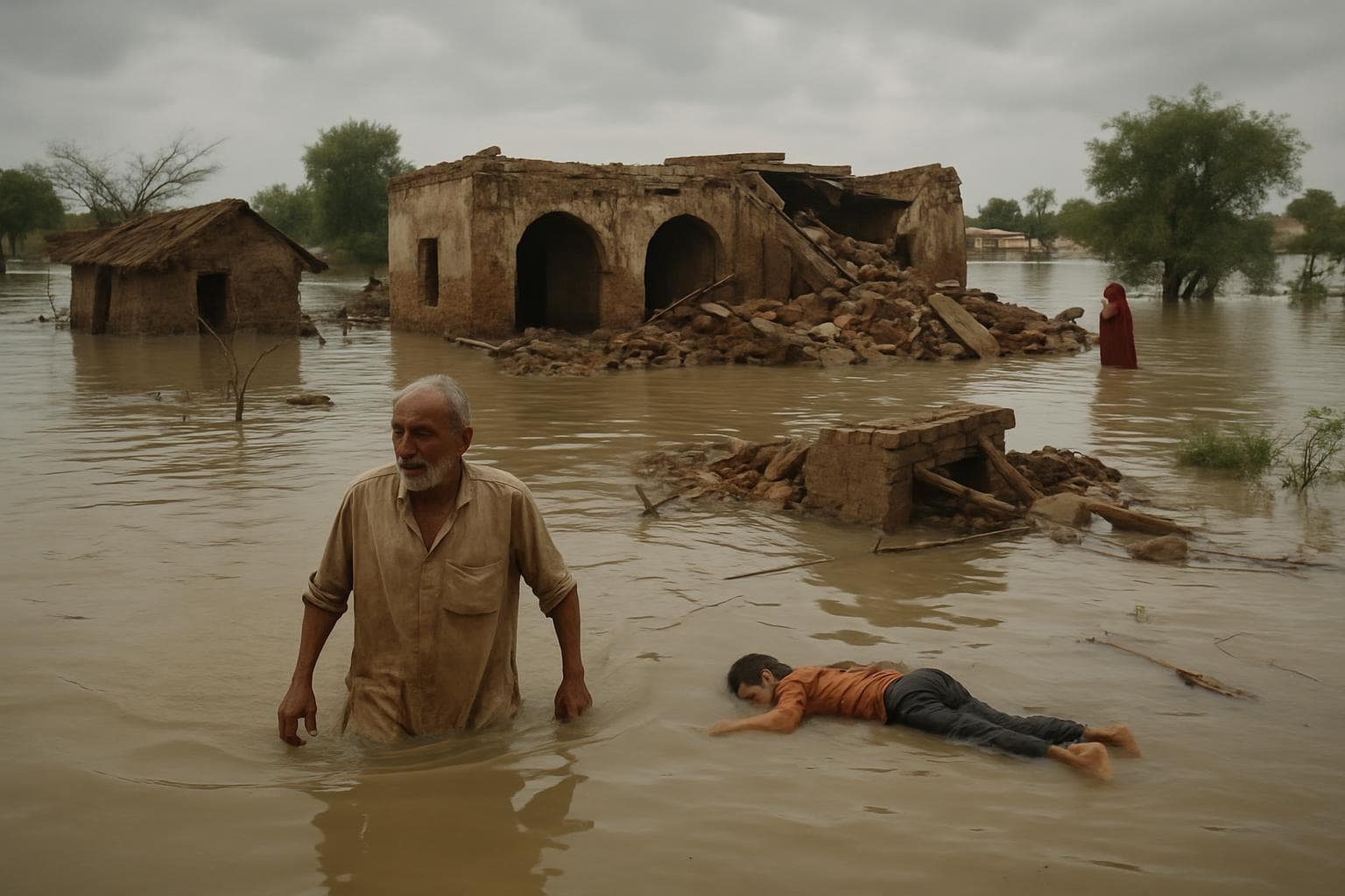 Flooded village in Pakistan with submerged homes