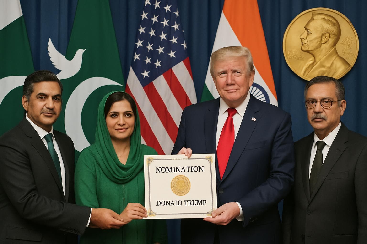 Pakistan representatives present nomination certificate to Donald Trump with peace symbols and flags.
