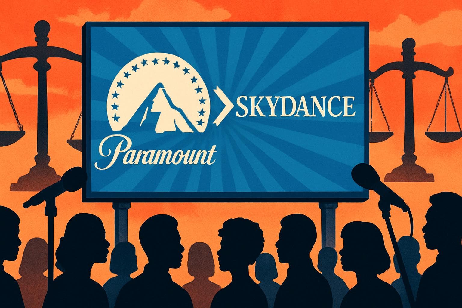 Billboard with Paramount and Skydance logos merging, surrounded by justice scales and microphones.
