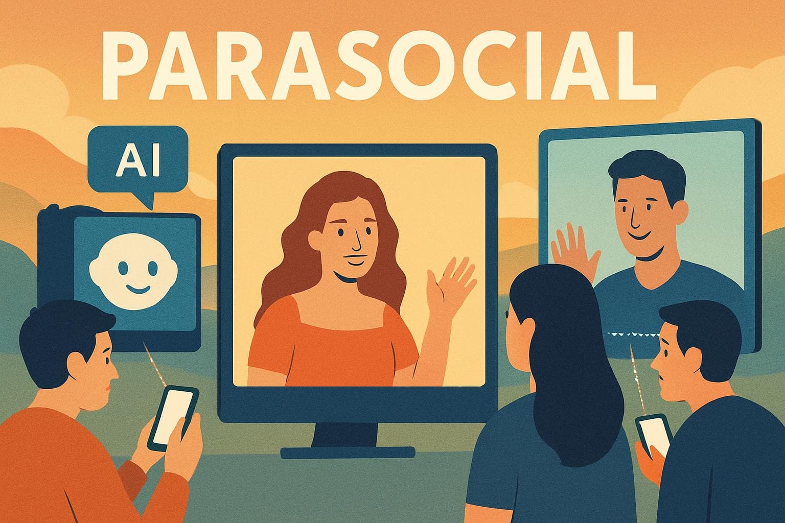 Digital landscape of people connecting with celebrities via screens