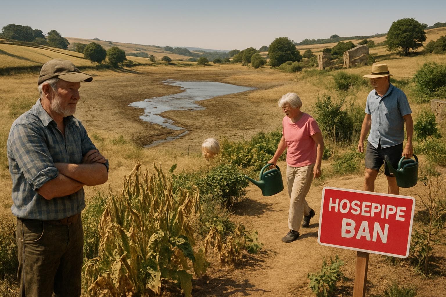 Dry English countryside with residents carrying watering cans