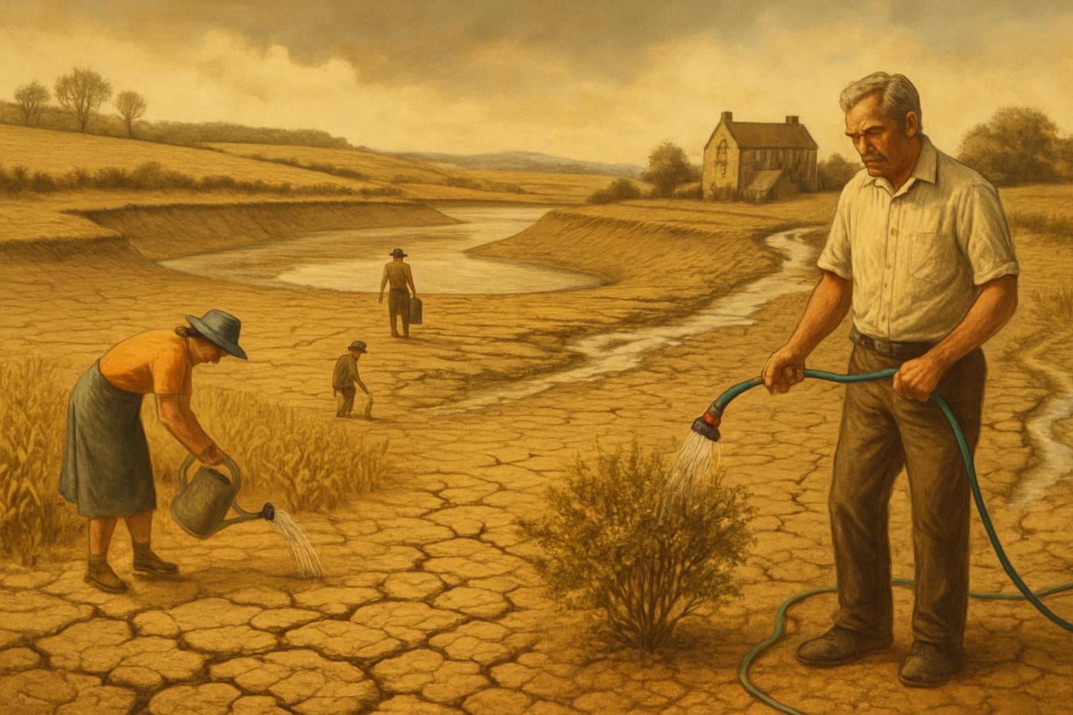 Dry English landscape with wilted crops and low rivers