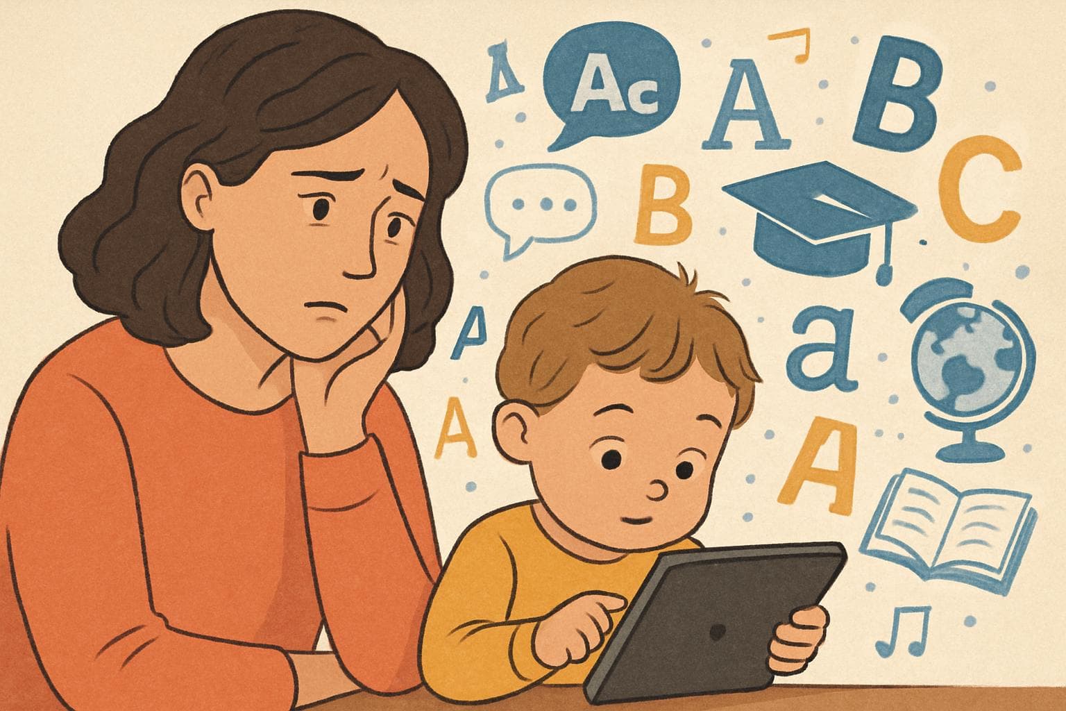Parent watching child using a tablet with educational symbols