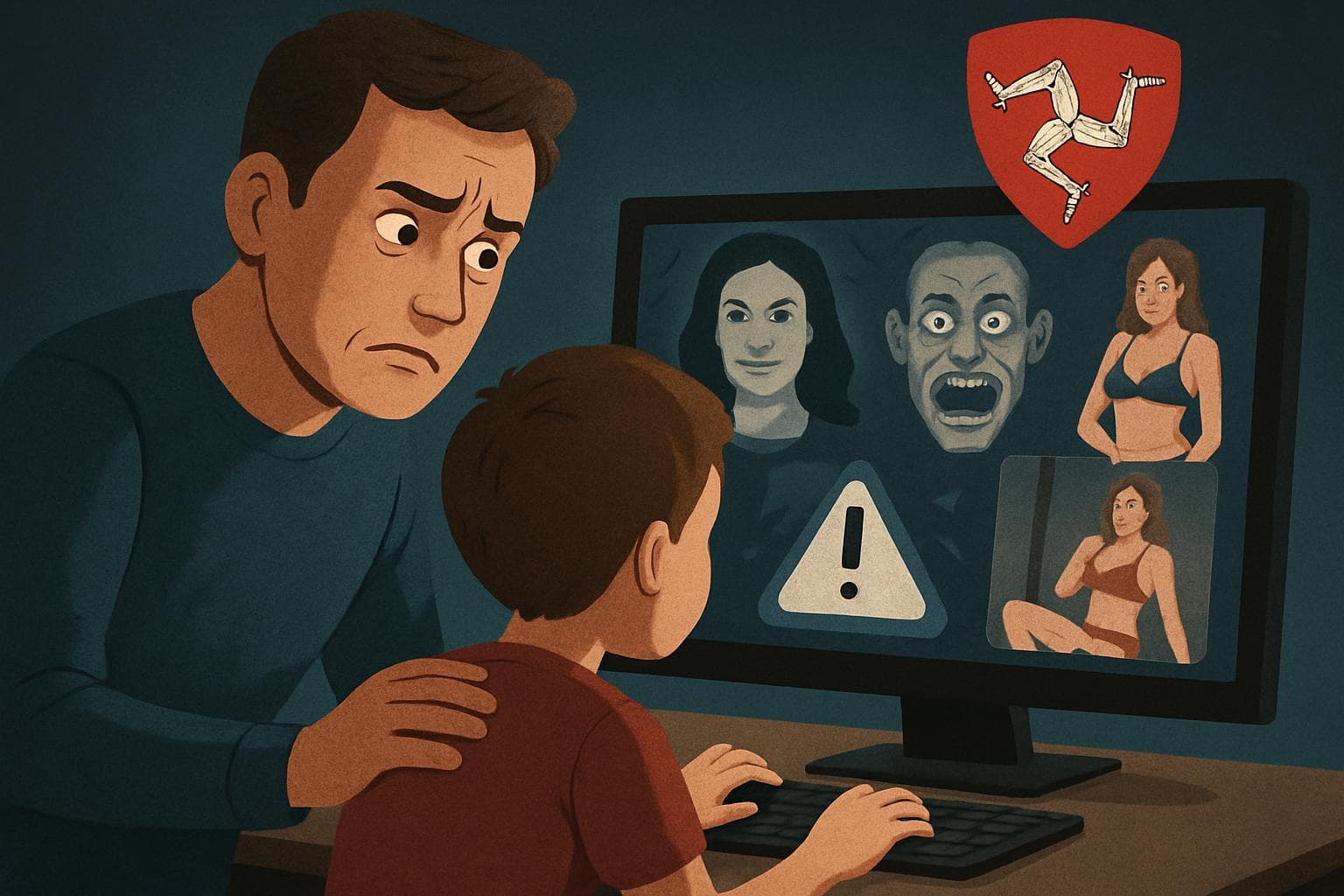 Parent watching child's computer with deepfakes on screen