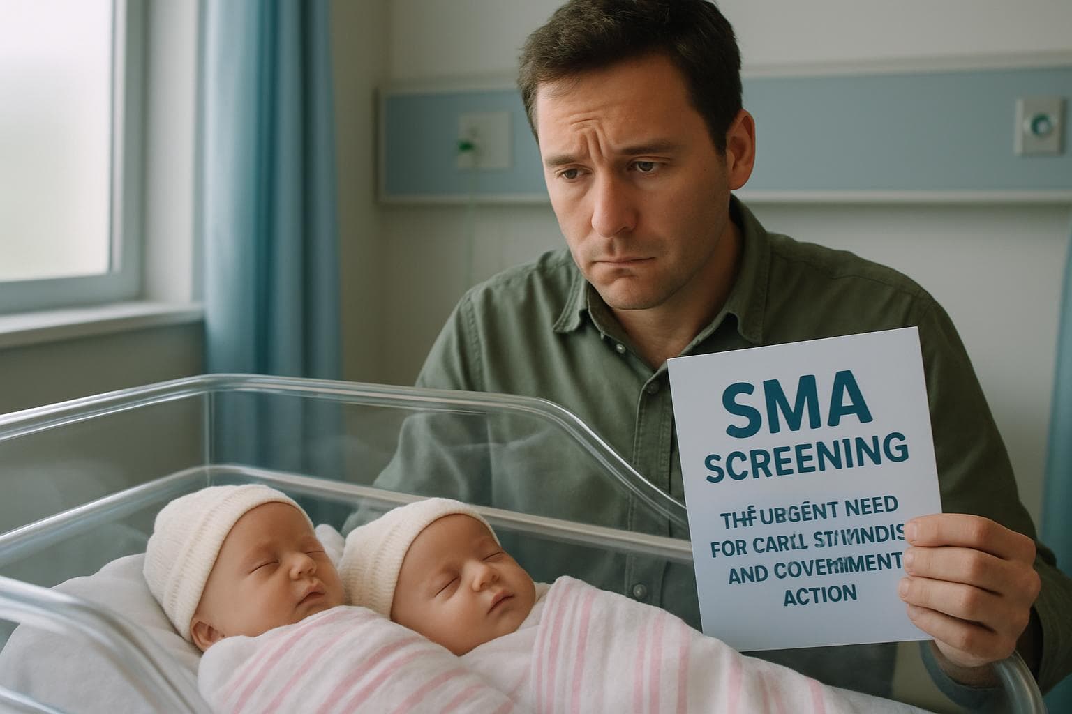 Parent with newborn twin daughters holding SMA pamphlet