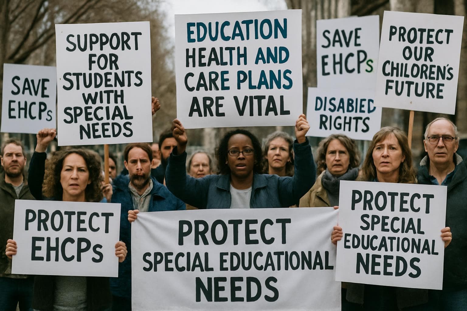 Parents and educators rally with signs for special needs support
